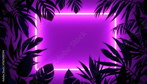 Neon Tropical Escape, A Glowing Purple Frame Highlighted by the Silhouettes of Lush Leaves, Capturing a Bold and Dreamlike Fusion of Nature and Modern Art photo