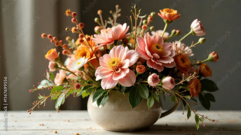 custom made wallpaper toronto digitalCharming floral arrangement with pink and orange flowers in rustic vase