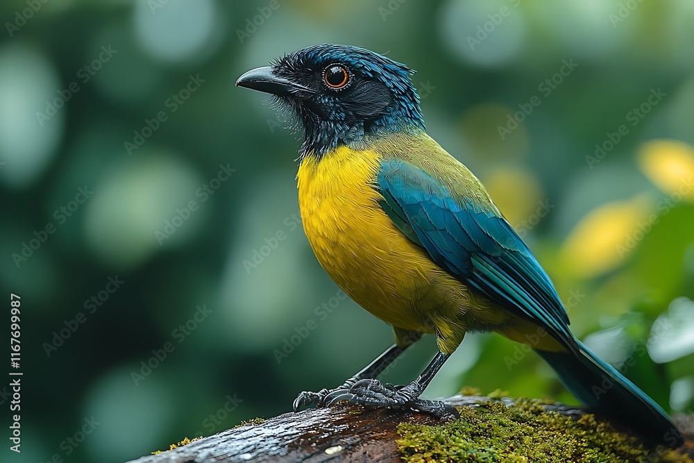 Green Jay Cyanocorax yncas vivid green blue bird perched on a mossy log in a shaded tropical forest surrounded by vibrant greenery Green Jay Cyanocorax yncas vivid green blue bird perched on a mossy log in a shaded tropical forest surrounded by vibrant greenery