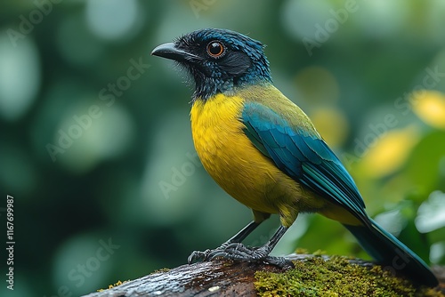 Green Jay Cyanocorax yncas vivid green blue bird perched on a mossy log in a shaded tropical forest surrounded by vibrant greenery photo