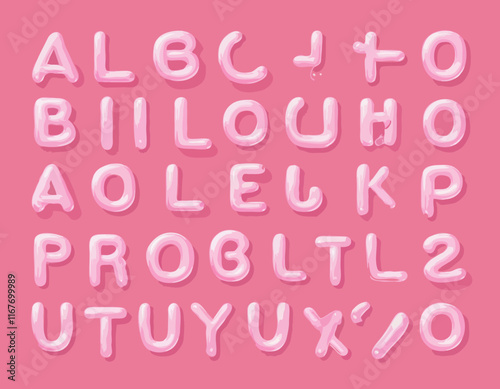 Pink Glossy Balloon Font. Funny Typeset in Y2k 3d Style. Vector Bubble Gum Alphabet. Cute Letters Pinkcore Aesthetic