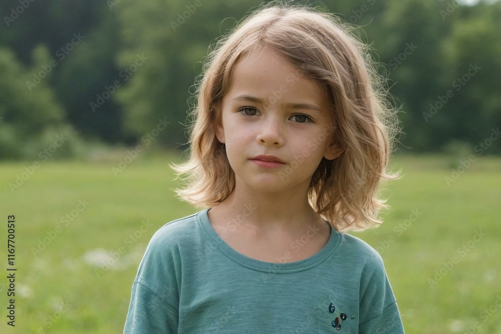 Portrait of young child posing in green field Portrait of young child posing in green field