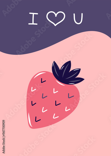 Valentine's Day Card with Pink strawberry. Simple cute greeting card. Vector illustration.