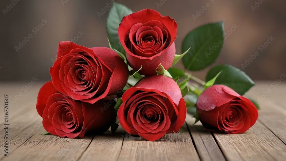 Bouquet of red roses lying on rustic wooden table Bouquet of red roses lying on rustic wooden table
