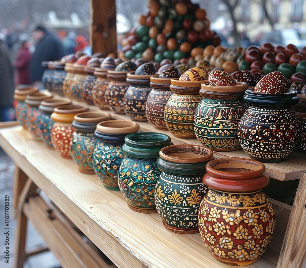Fototapeta premium A young woman was selling homemade Christmas toys and gifts at the 2019 Christmas market in Aachen, Germany