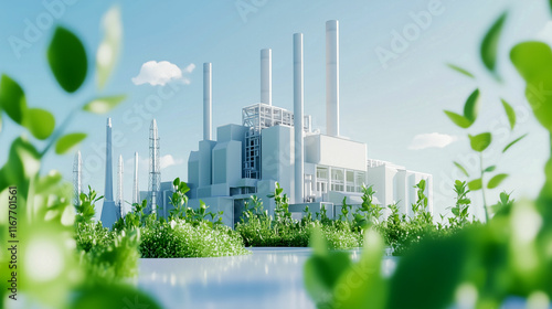 Industrial facility surrounded by lush greenery under a bright blue sky during a sunny day in a futuristic landscape