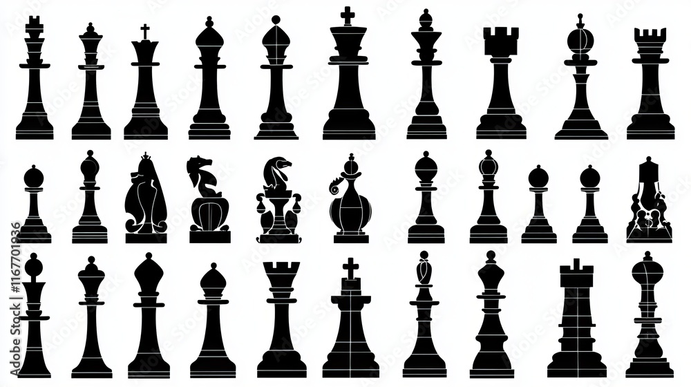 Silhouette Icons of Black Chess Pieces on a White Background Silhouette Icons of Black Chess Pieces on a White Background