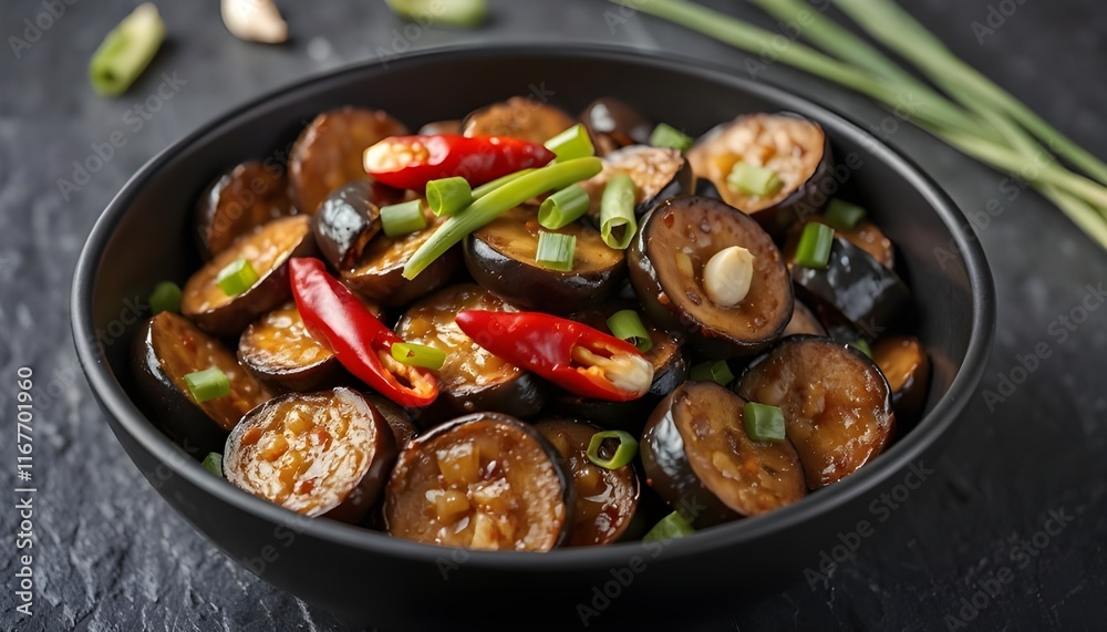 Spicy Eggplant Delight - Sautéed Eggplant Slices Garnished with Red Chili Peppers and Chopped Green Onions in a Glossy Presentation Spicy Eggplant Delight - Sautéed Eggplant Slices Garnished with Red Chili Peppers and Chopped Green Onions in a Glossy Presentation