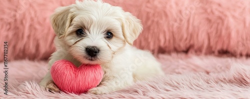 Valentine dog and pet affection idea. Adorable puppy with a pink heart on fluffy background.