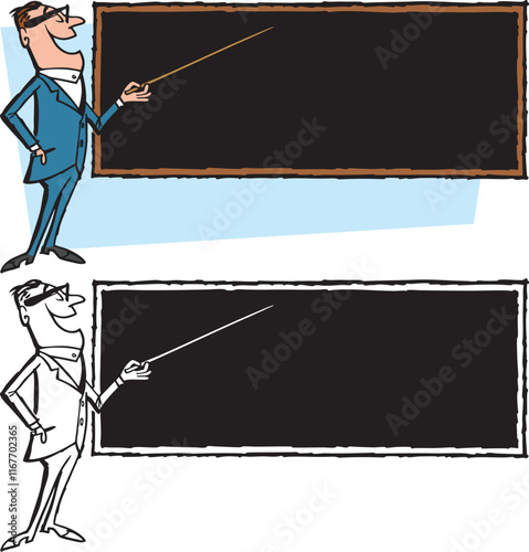 A vintage retro cartoon of a businessman with a pointer pointing at a blank chalkboard. 