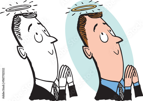 A vintage retro cartoon of a businessman with a halo praying 
