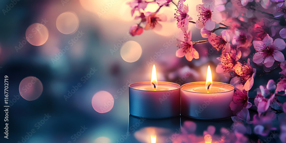 Lit Candles with Cherry Blossoms on Festive Background Lit Candles with Cherry Blossoms on Festive Background