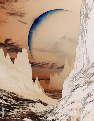 illustrazione con paesaggio astratto, grande pianeta che sorge in lontanaza