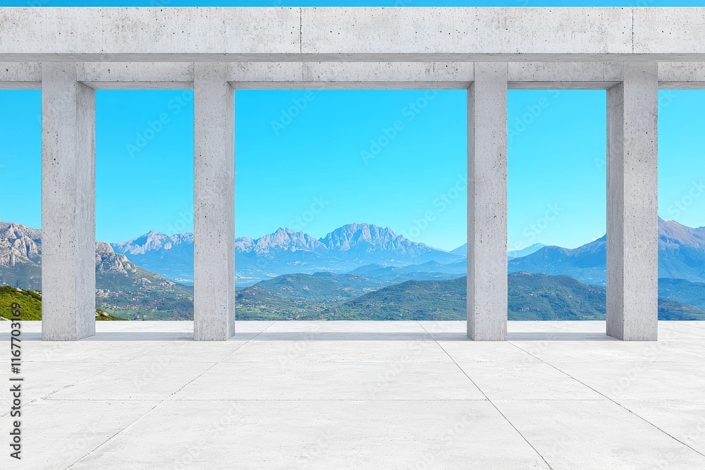 Fototapeta premium An empty room with a window, featuring a mountain backdrop and sunlight streaming in.