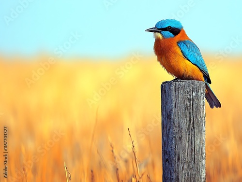 Indian Roller Coracias benghalensis colorful turquoise brown bird perched on a rustic wooden pole surrounded by an expansive golden field under a vivid blue sky photo