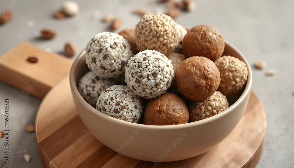 Nutritious Delights Assorted Energy Balls in a Wooden Bowl Nutritious Delights Assorted Energy Balls in a Wooden Bowl