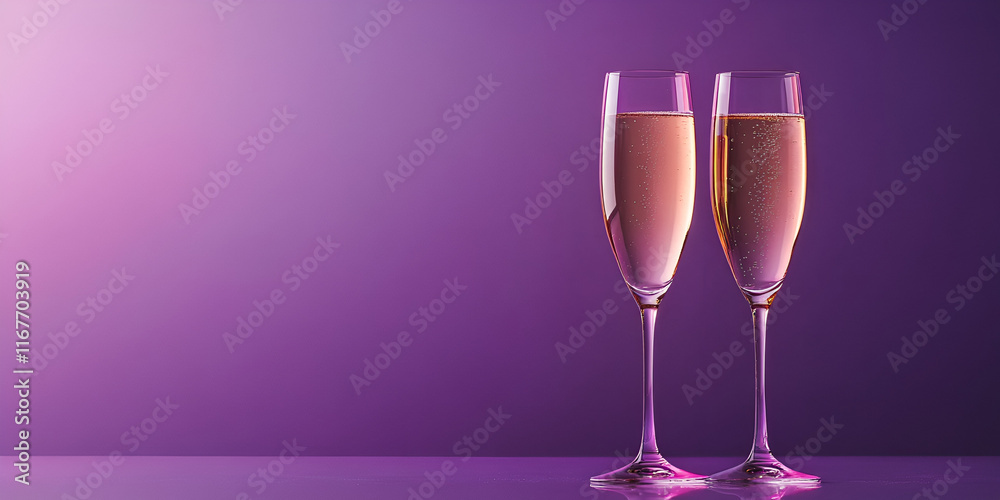 Elegant Champagne Flutes on Purple Satin Background Elegant Champagne Flutes on Purple Satin Background