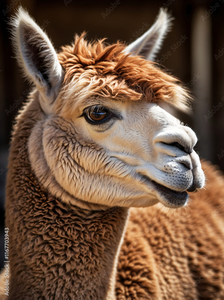 Obraz premium Close-Up Portrait of a Beautiful Alpaca with Detailed Fur Texture