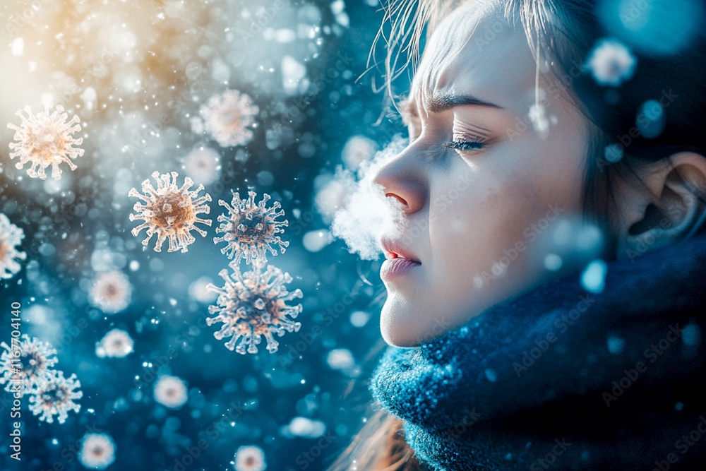 Woman sneezing with visible viruses spread in the air Woman sneezing with visible viruses spread in the air