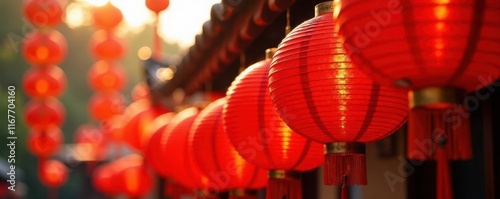 Cluster of red lanterns, various sizes, outdoor setting, event, tradition photo