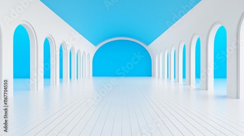 A realistic 3D depiction of an abstract white architecture interior, showcasing modern and contemporary design, with indoor and outdoor areas, curved walls, blue elements, and a sunny day.