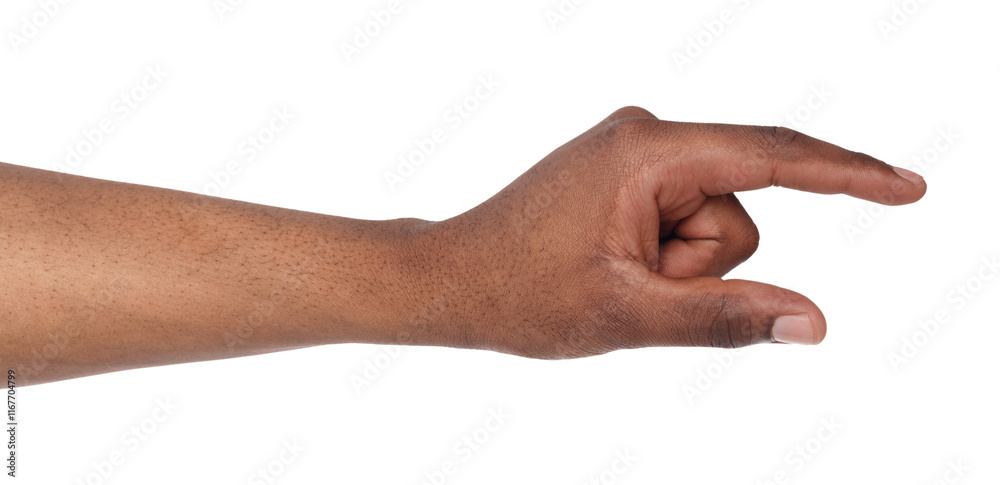 Black male hand measuring invisible items, man's palm making gesture while showing small amount of something on white isolated background Black male hand measuring invisible items, man's palm making gesture while showing small amount of something on white isolated background