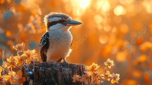 Kookaburra Dacelo novaeguineae large bird a hearty laugh sitting on a tree stump in the Australian bush under golden sunlight photo