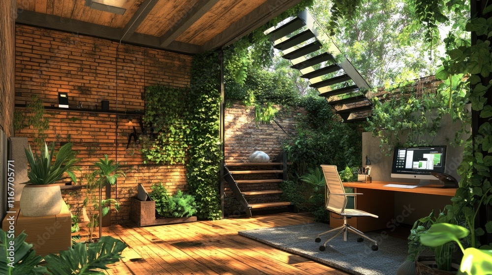 Fototapeta premium A serene office space surrounded by greenery, promoting a calming work environment.