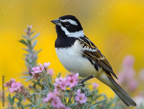 Lark Bunting Calamospiza melanocorys black white bird perched on a prairie shrub under a vast cloudy blue sky