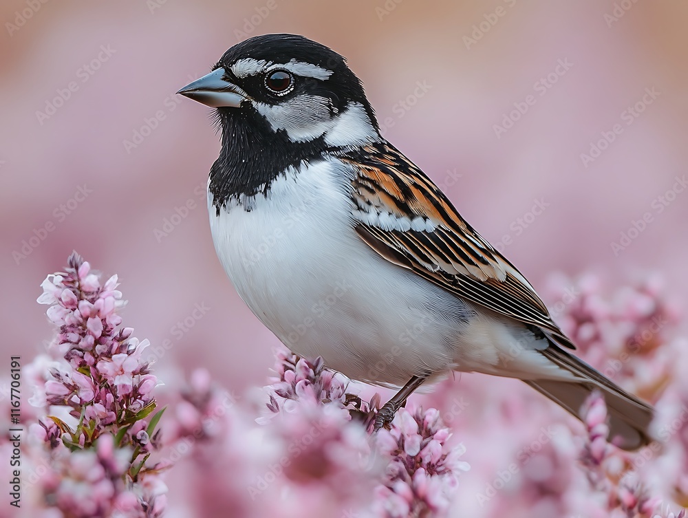 Naklejka premium Lark Bunting Calamospiza melanocorys black white bird perched on a prairie shrub under a vast cloudy blue sky