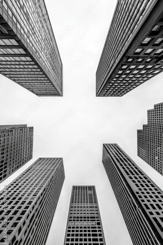 Fototapeta premium Cityscape. Modern architectural scene. Glass skyscrapers against a cloudy sky in Chicago, Illinois, USA. Black and white abstract perspective looking up at downtown skyscrapers.