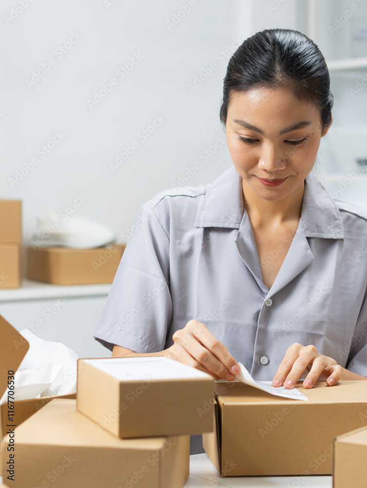 Young Asian woman shop owner attaching sticker of the shipping label to parcel box for preparing to ship to the client. Female small business owner manages a package for delivery at warehouse office. Young Asian woman shop owner attaching sticker of the shipping label to parcel box for preparing to ship to the client. Female small business owner manages a package for delivery at warehouse office.