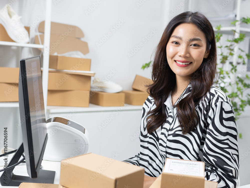 Portrait of smiling young Asian small business owner woman posing with confident expression in warehouse office. Asian Female professional shop owner looking at camera with a confident smile. Portrait of smiling young Asian small business owner woman posing with confident expression in warehouse office. Asian Female professional shop owner looking at camera with a confident smile.