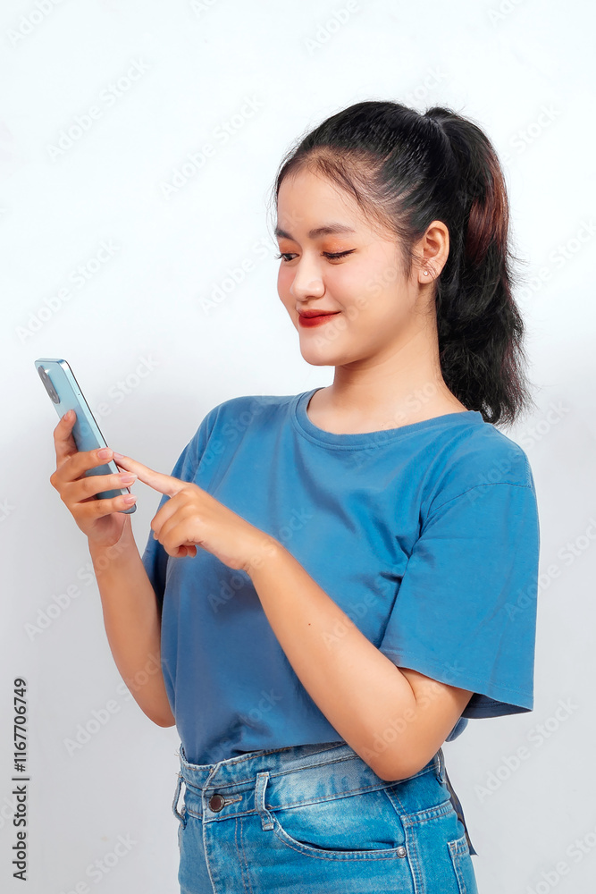 Smiling young Asian woman employee holding her phone, isolated by white background Smiling young Asian woman employee holding her phone, isolated by white background