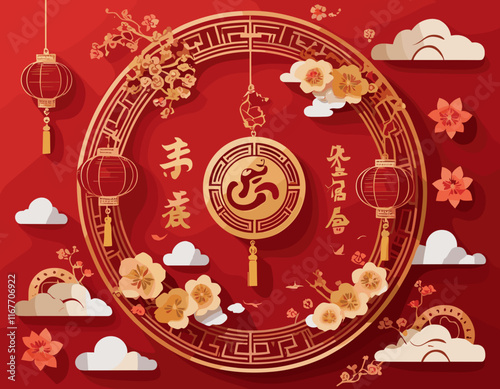 Happy Chinese New Year 2025 Banner, Paper Clouds and Zodiac Wheel. Vector illustration. Papercut Flowers and Gold Lantern on Red Background. Hieroglyph Snake. Place for text. Asian horoscope