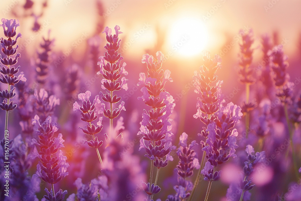 Obraz premium Sunset illuminates a vibrant field of lavender in full bloom creating a serene atmosphere. Generative AI