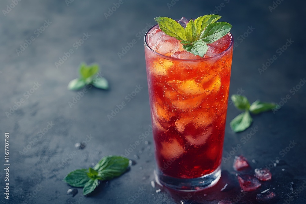 Strawberry basil homemade soda with ice and mint in tall glass Strawberry basil homemade soda with ice and mint in tall glass
