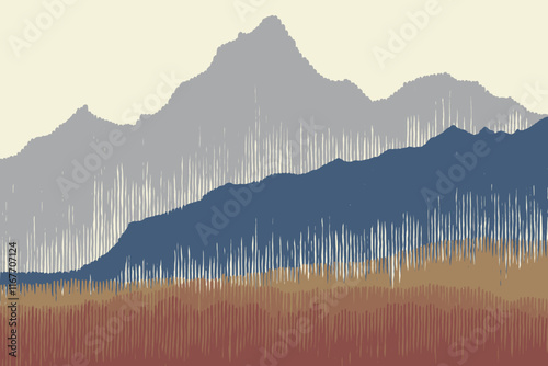 Crafted hand drawn brush line mountains background, Japanese inspired tribal wood carving, wood block, engraving textured, minimal folk style graphic for carpet, textile, 