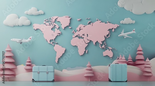 Pastel world map with suitcases and planes.