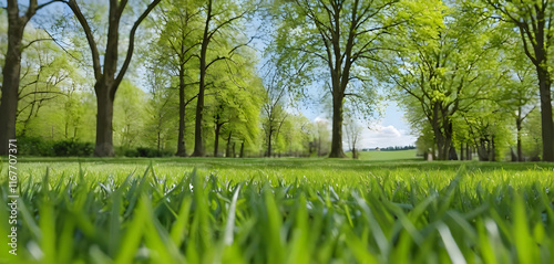 Fototapeta Naklejka Na Ścianę i Meble -  Lush green grass growing under trees in spring park
