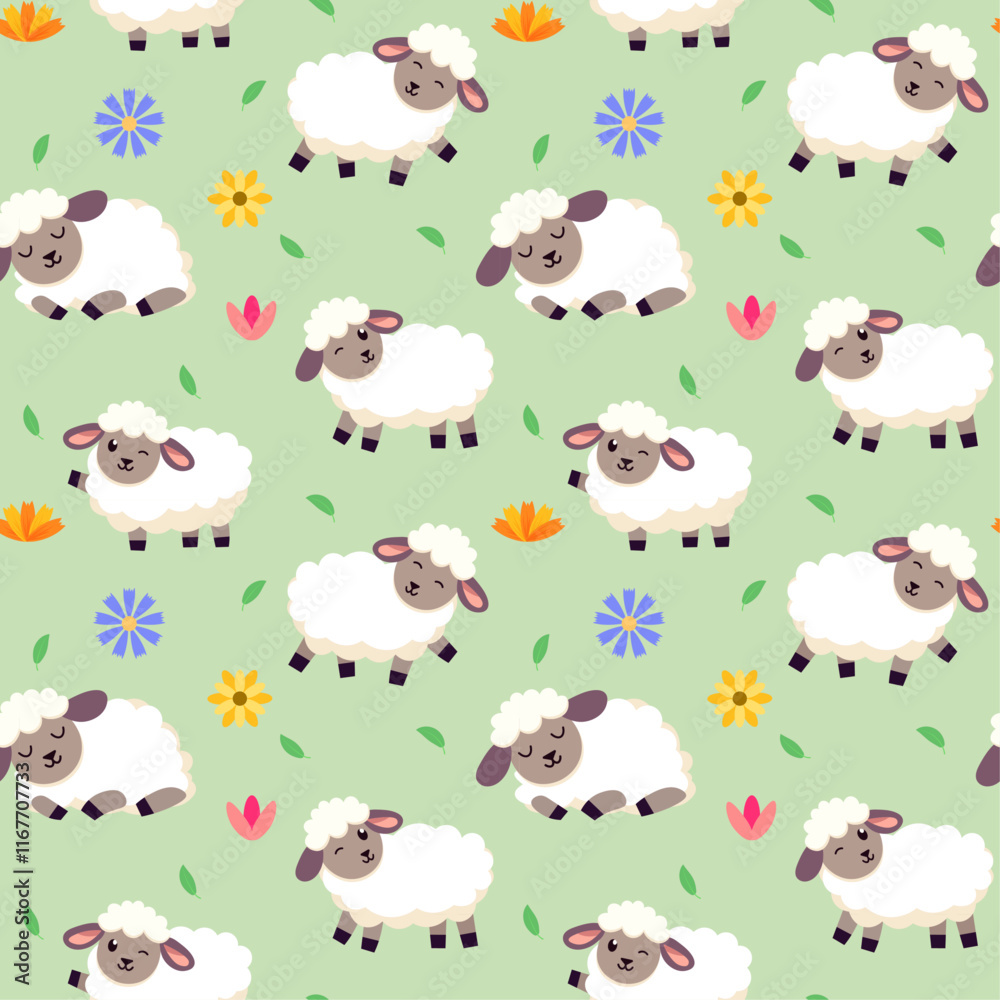Cute seamless pattern with sheeps and flowers Cute seamless pattern with sheeps and flowers