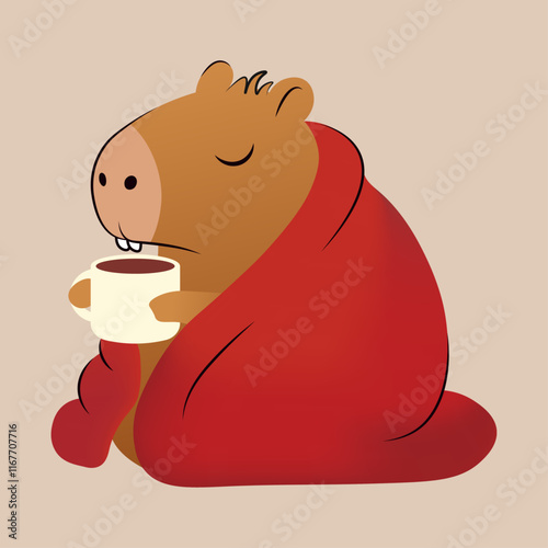 Capybara with a blanket and a cup of coffee