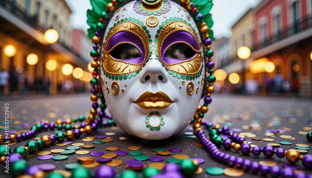 Vibrant masquerade mask surrounded by colorful confetti, Mardi Gras celebration Vibrant masquerade mask surrounded by colorful confetti, Mardi Gras celebration