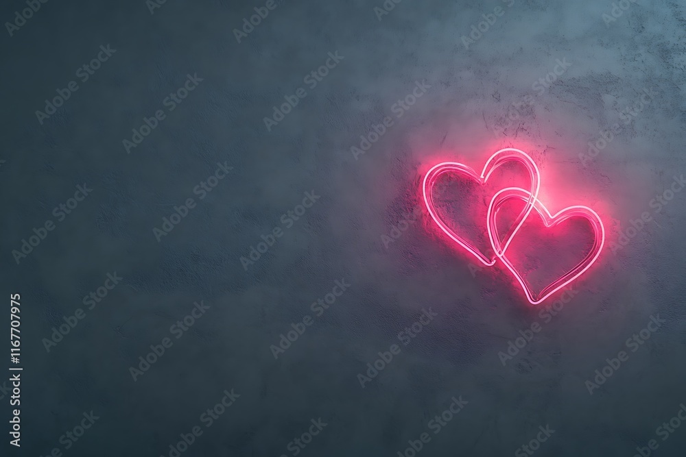 Two neon red hearts with a soft glow on a white background, with text space