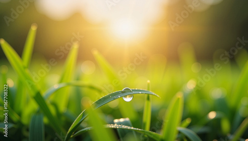 Single dewdrop on grass blade at sunrise, nature's beauty photo