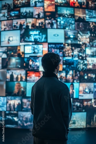 Person observes numerous small screen displays.