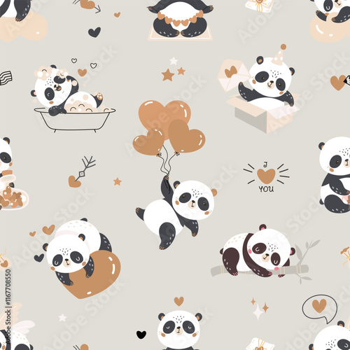 Panda seamless pattern. Cute panda with balloons, sleeping and meditation, resting. Decorative print for fabric, wallpaper, cards, nowaday vector background