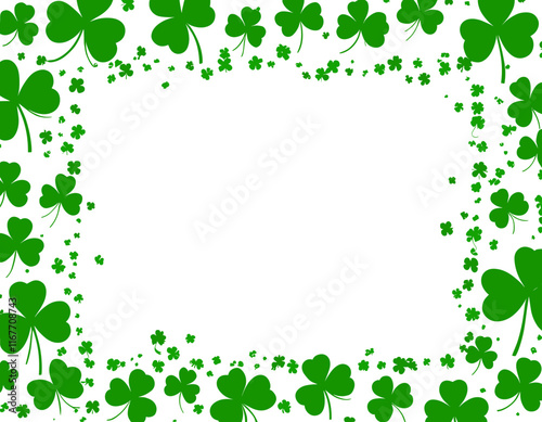 Saint Patrick's Day Border. Green flying clover leaves isolated on transparent background. Vector illustration. Spring decoration frame design