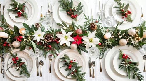 Festive christmas table setting with holiday decor and pine cones.