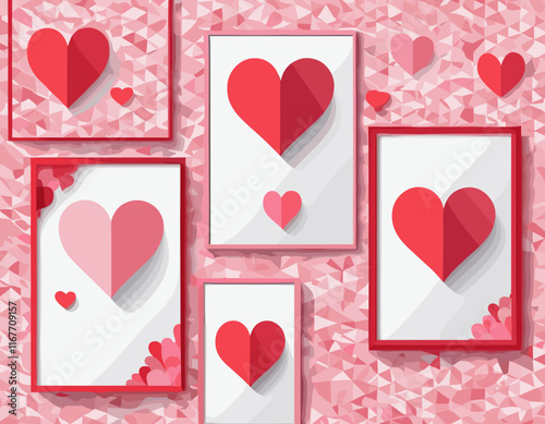 Valentine's day concept posters set. Vector illustration. 3d red and pink paper hearts with frame on geometric background. Cute love sale banners or greeting cards